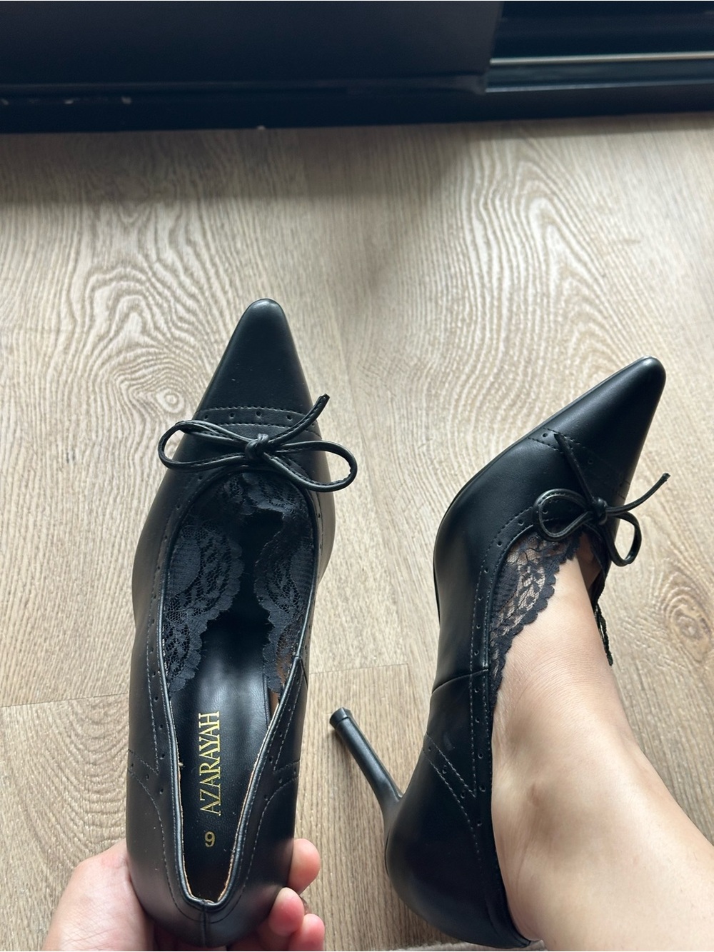 Black Pointed-Toe Lace-Trim Stiletto Pumps with Bow Leather Faux NEW